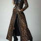 PU Leather Leopard Pattern Zipper Pocket Trench Coat