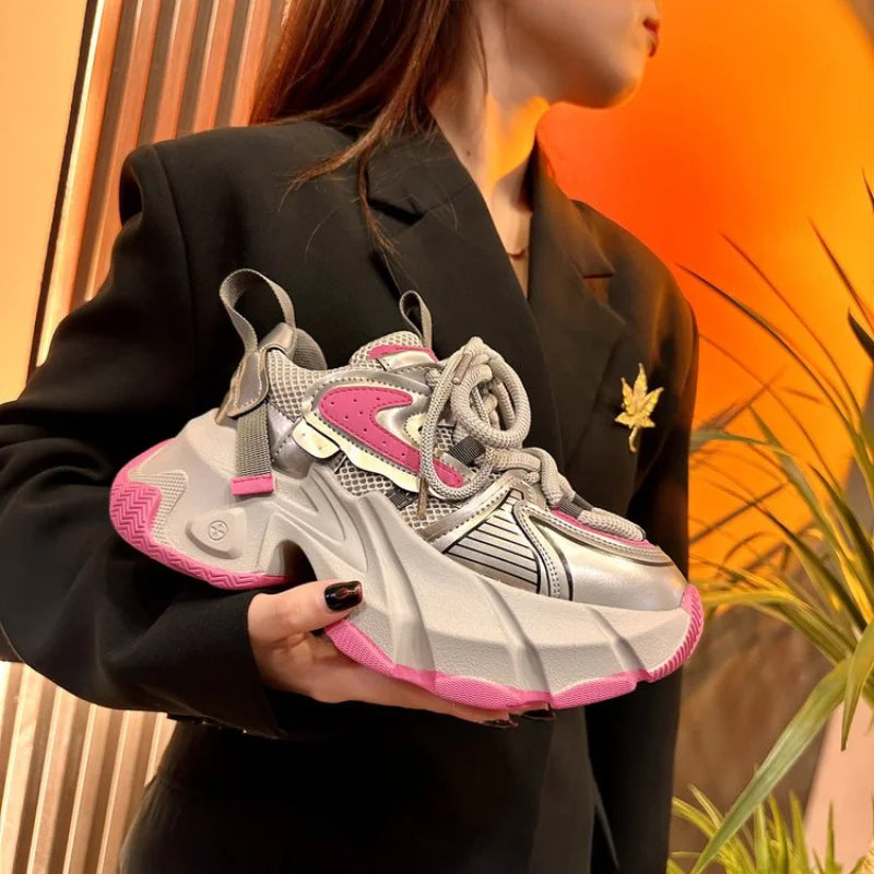 Women High Platform 6CM Casual Sneakers 2024 New Spring Lace-up Chunky Sneakers Korean All-match Designer Street Shoes Woman