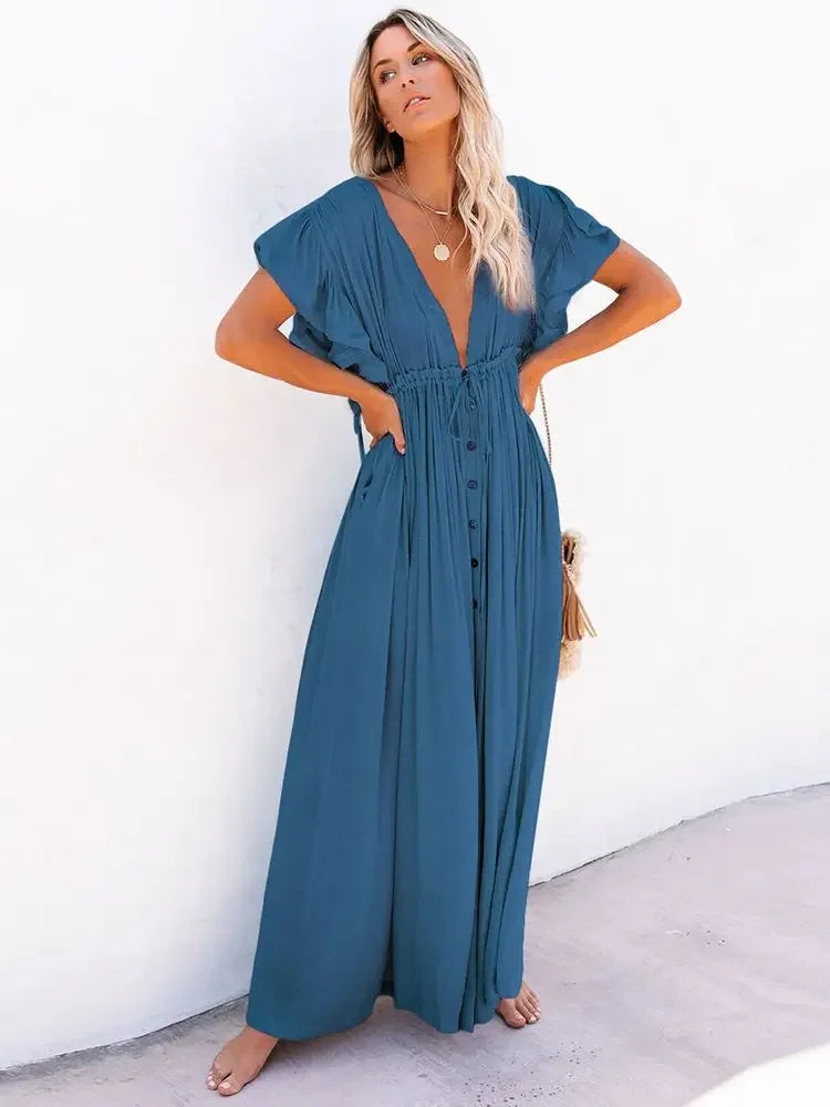 Women Swimsuit Cover Ups Mandarin Sleeve Kaftan Beach Tunic Dress Robe De Plage Solid White Pareo Beach Cover-ups