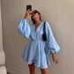 Talenza Ruffle V Neck Long Sleeve Mini Dress Women's Fashion Sexy Loose Dress Elegant Ruffle High Waist Casual Slim Party Dress