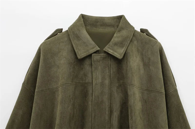 Fashion Brown Suede Bomber Jacket Women Elegant Zipper Lapel Long Sleeve Short Coats Female Vintage Street Chic Lady Outerwear