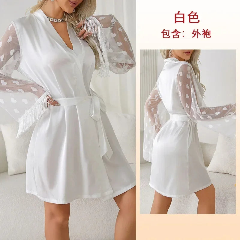Women Pajamas Robes Sleepwear Nightgowns Knee-length Nightdress Lace Comfortable Casual Pure Color Imitation Ice Silk Nightdress
