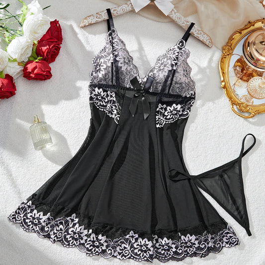Contrast Black Sexy Lingerie Women Underwear Transparent Sleepwear Lace Nightdress And Thongs Pijamas Sets Female Sexy Nighty