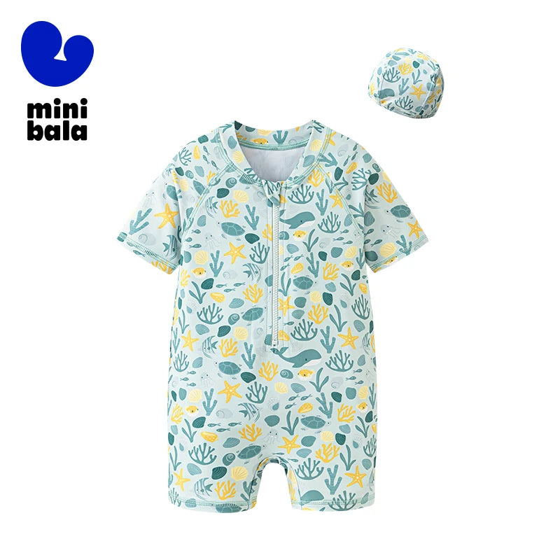 Цільний купальник Mini Bala для хлопчиків і дівчаток з короткими рукавами, захист від сонця з шапочкою для плавання, літо 2025, для басейну та пляжного відпочинку