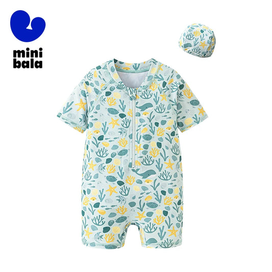 Цільний купальник Mini Bala для хлопчиків і дівчаток з короткими рукавами, захист від сонця з шапочкою для плавання, літо 2025, для басейну та пляжного відпочинку
