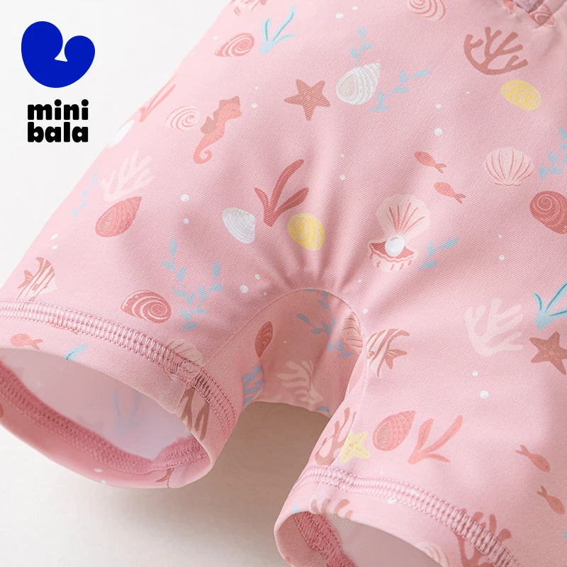 Цільний купальник Mini Bala для хлопчиків і дівчаток з короткими рукавами, захист від сонця з шапочкою для плавання, літо 2025, для басейну та пляжного відпочинку