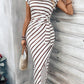 Elegant And Elegant Waist Lace Up Striped Round Neck Short Sleeve Long Dress Summer Party Bodycon Women's Dresses