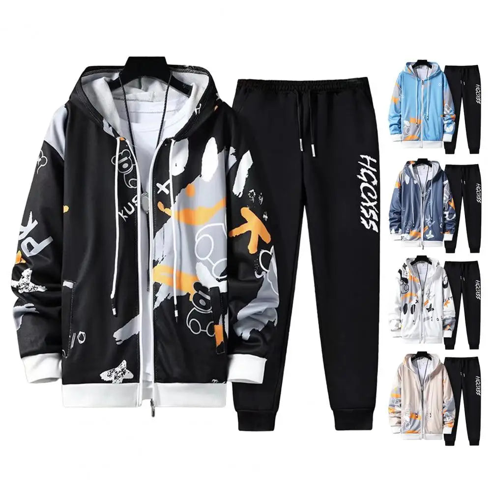 2 Pcs/Set Men Coat Pants Suit Hooded Letter Print Drawstring Loose Jogging Set Hip Hop Ankle-banded Men Sportwear Tracksuit