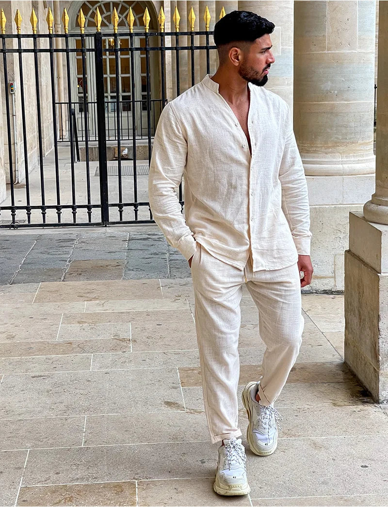 Autumn men's new fashion casual linen suit long sleeve overalls single breasted solid color button suit