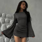 Sexy Women Mini Dress Flare Long Sleeve Drawstring Pleated Bodycon Casual Solid Autumn Winter Streetwear Short Dresses