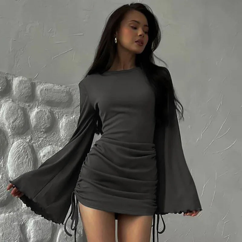 Sexy Women Mini Dress Flare Long Sleeve Drawstring Pleated Bodycon Casual Solid Autumn Winter Streetwear Short Dresses