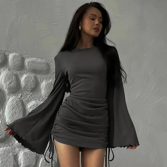 Sexy Women Mini Dress Flare Long Sleeve Drawstring Pleated Bodycon Casual Solid Autumn Winter Streetwear Short Dresses