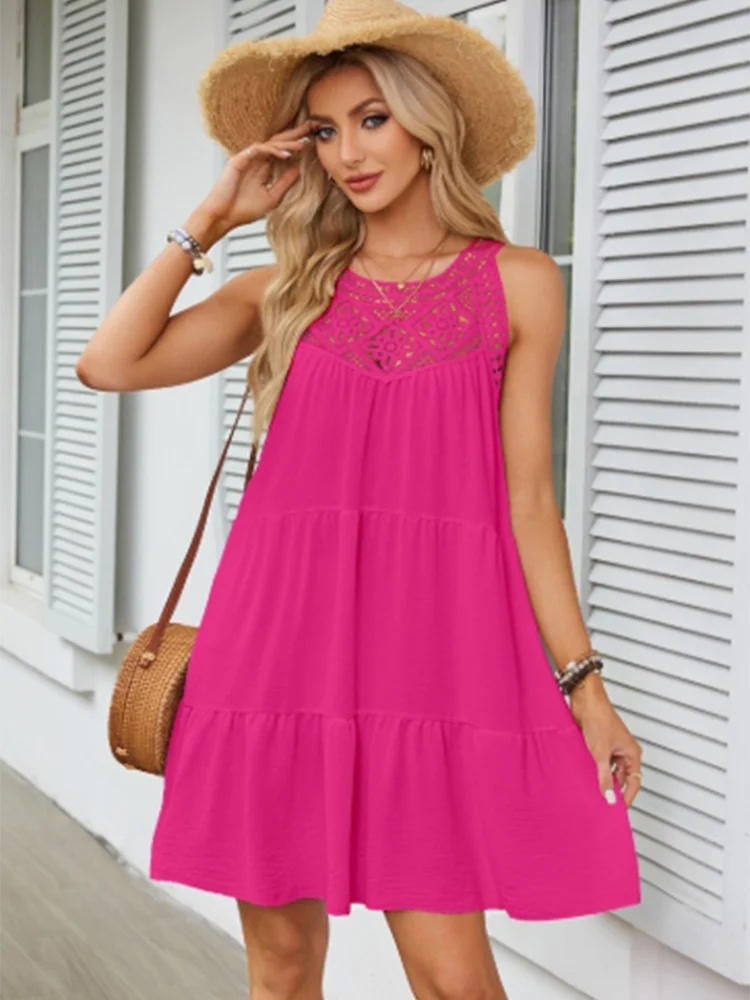Round Neck Casual Short Sleeved Solid Color Lace Hollow Out Women's Dress Fashionable Street Fresh Sweet Style Summer Dress