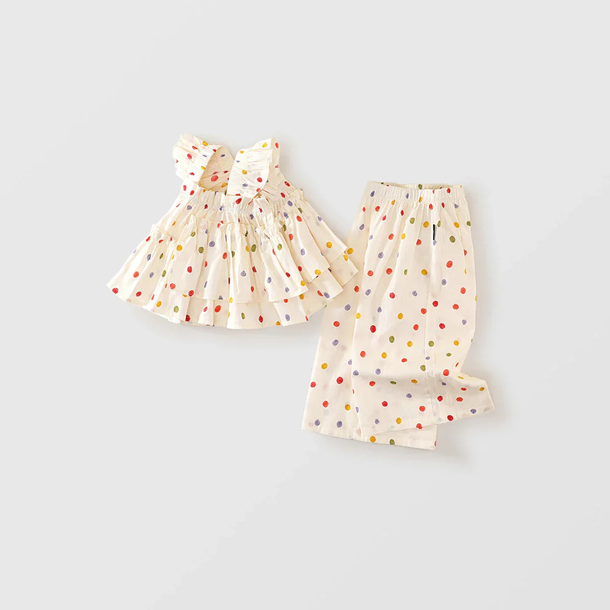 2025 Summer Korean Style All Cotton Girls’ Sweet Fashion Colorful Polka Dot Two-Piece Set - Halter Top & Wide Leg Pants