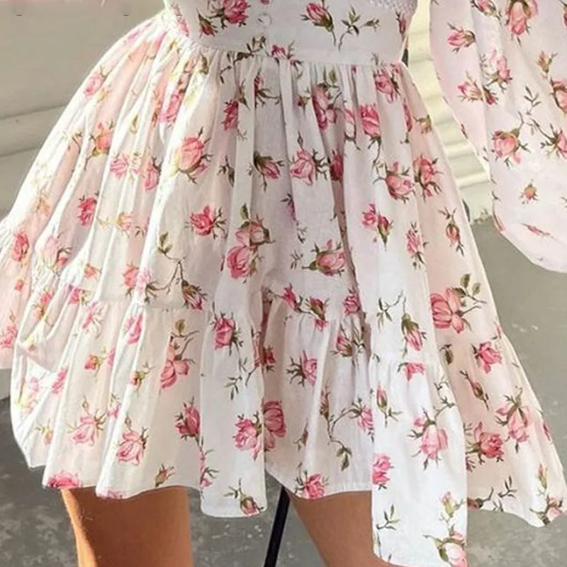 Women's Elegant Midi Vacation 2024 Summer Women's New Style Temperament Sweet Fashion Print V-neck Lace Edge Short Dress