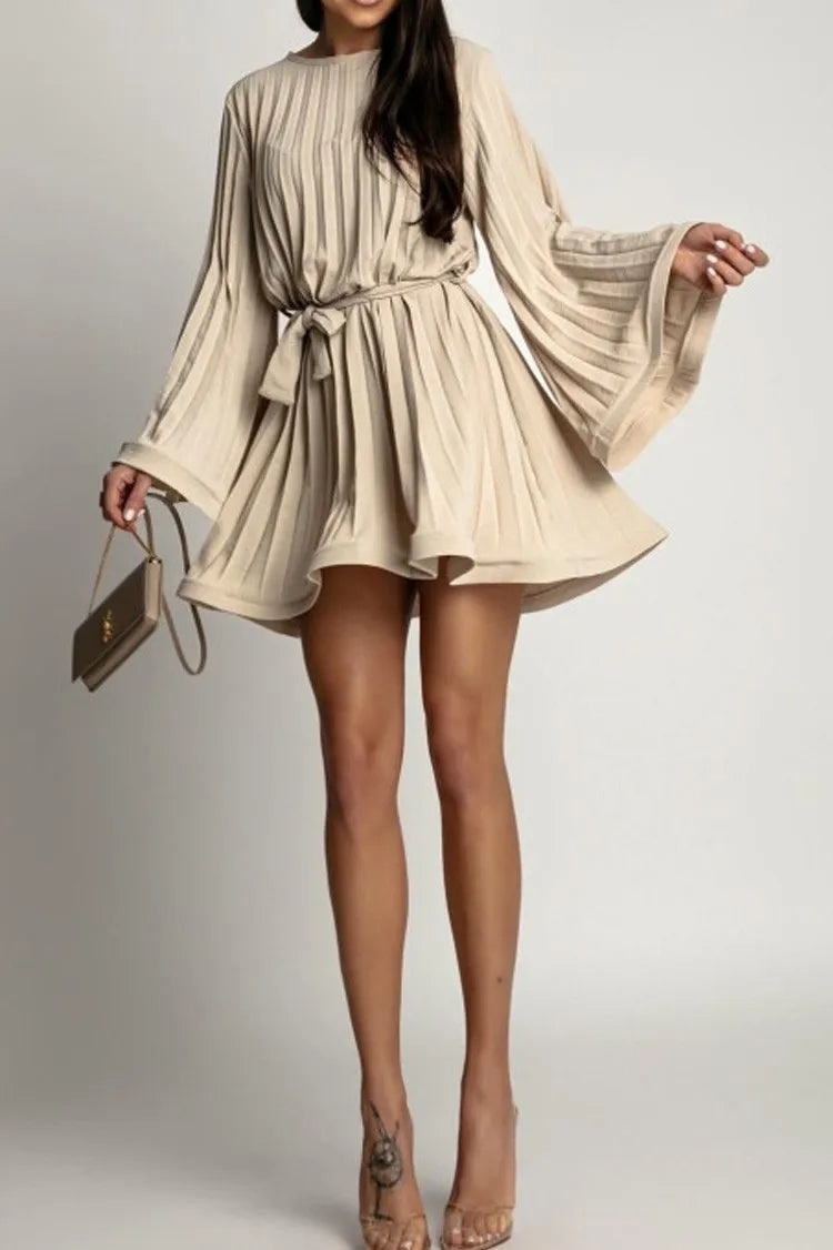 Spring Autumn Elegant Pleated Dress Women Fashion Solid Round Neck Flared Sleeve Lace-up Pleated Mini Dress Women