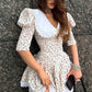 Summer Floral Printed Patchwork Mini Dress Female V-Neck Short Sleeve Slim Fashion Elegant Party Dresses Gown For Women Vestidos