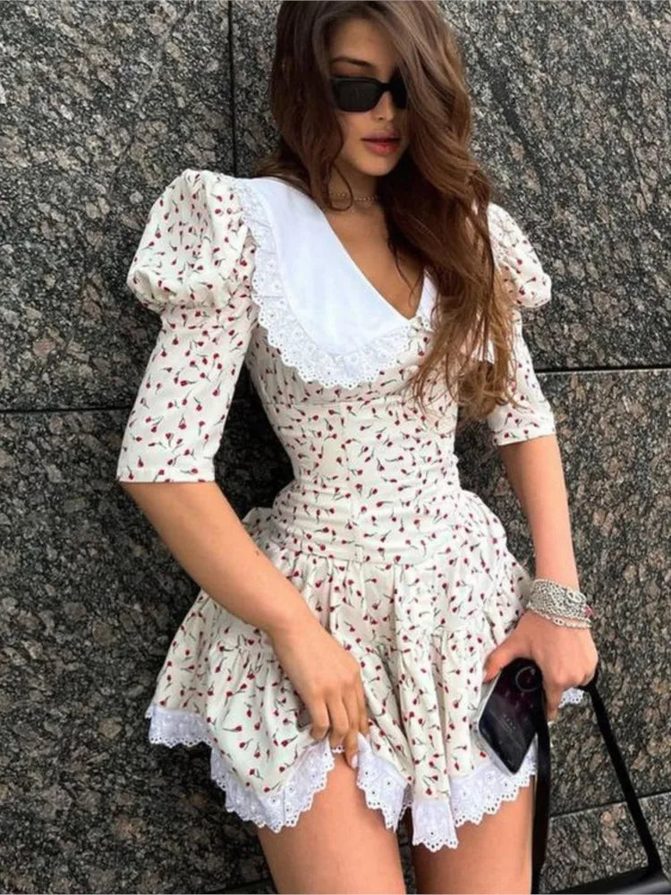 Summer Floral Printed Patchwork Mini Dress Female V-Neck Short Sleeve Slim Fashion Elegant Party Dresses Gown For Women Vestidos