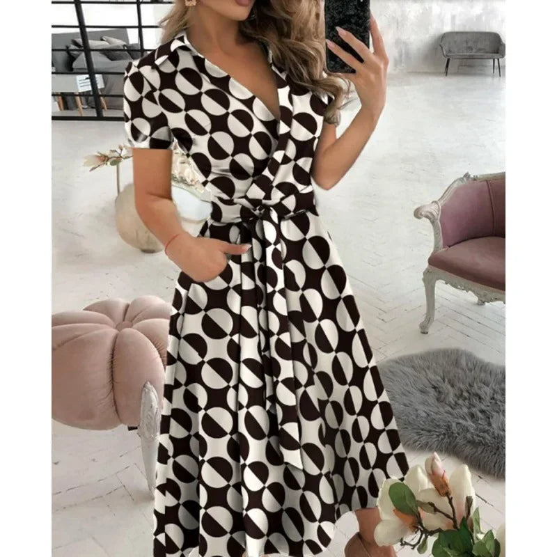 Women Fashion Solid Slim Pocket Lace Up Dress 2023 Spring Autumn Dress Women Casual Printed Short Sleeve V-neck High Waist Dress