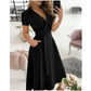 Women Fashion Solid Slim Pocket Lace Up Dress 2023 Spring Autumn Dress Women Casual Printed Short Sleeve V-neck High Waist Dress