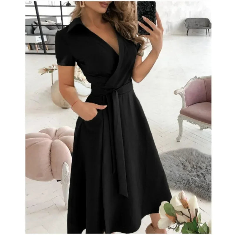 Women Fashion Solid Slim Pocket Lace Up Dress 2023 Spring Autumn Dress Women Casual Printed Short Sleeve V-neck High Waist Dress