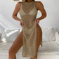 Abrini Women Hollow Out Crochet Cover Up Swimwear Sleeveless Bikini Dress Smock Split Sexy Beach Knitwear Solid Swimsuit