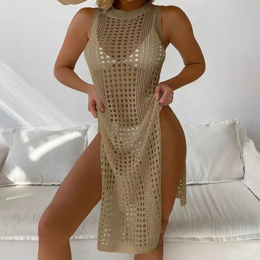Abrini Women Hollow Out Crochet Cover Up Swimwear Sleeveless Bikini Dress Smock Split Sexy Beach Knitwear Solid Swimsuit