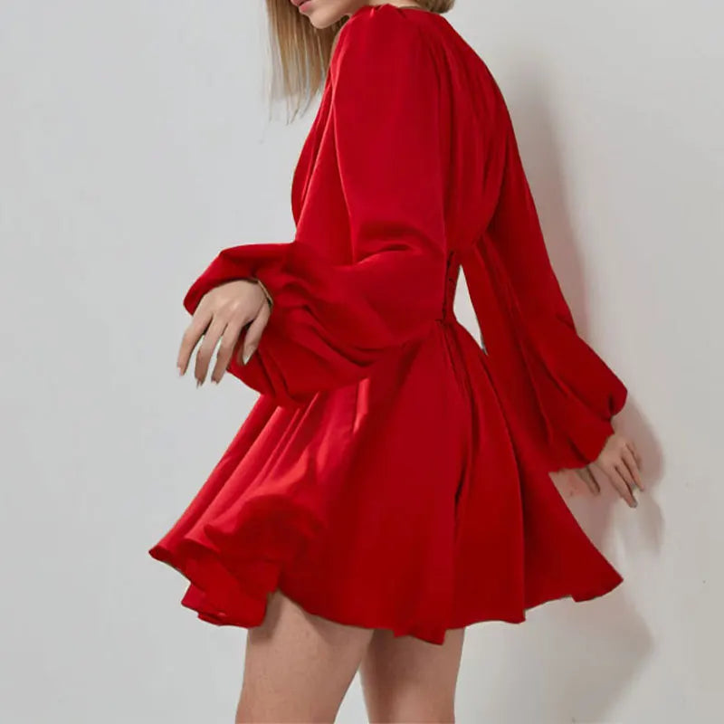 Elegant Women's Red Dresses 2024 Autumn New  Dress V-neck Sexy Short Skirts Parti Elbiseleri Kleider Damen Vestidos Para Festas