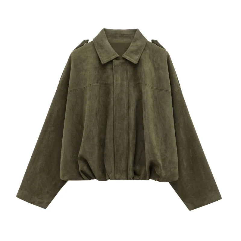 Fashion Brown Suede Bomber Jacket Women Elegant Zipper Lapel Long Sleeve Short Coats Female Vintage Street Chic Lady Outerwear