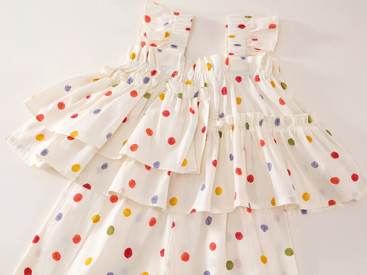 2025 Summer Korean Style All Cotton Girls’ Sweet Fashion Colorful Polka Dot Two-Piece Set - Halter Top & Wide Leg Pants