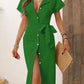 Women's Casual V Neck Short Sleeved Single-breasted Lace-up MIDI Dress Summer Solid Color Stylish Elegant Female Shirt Dresses
