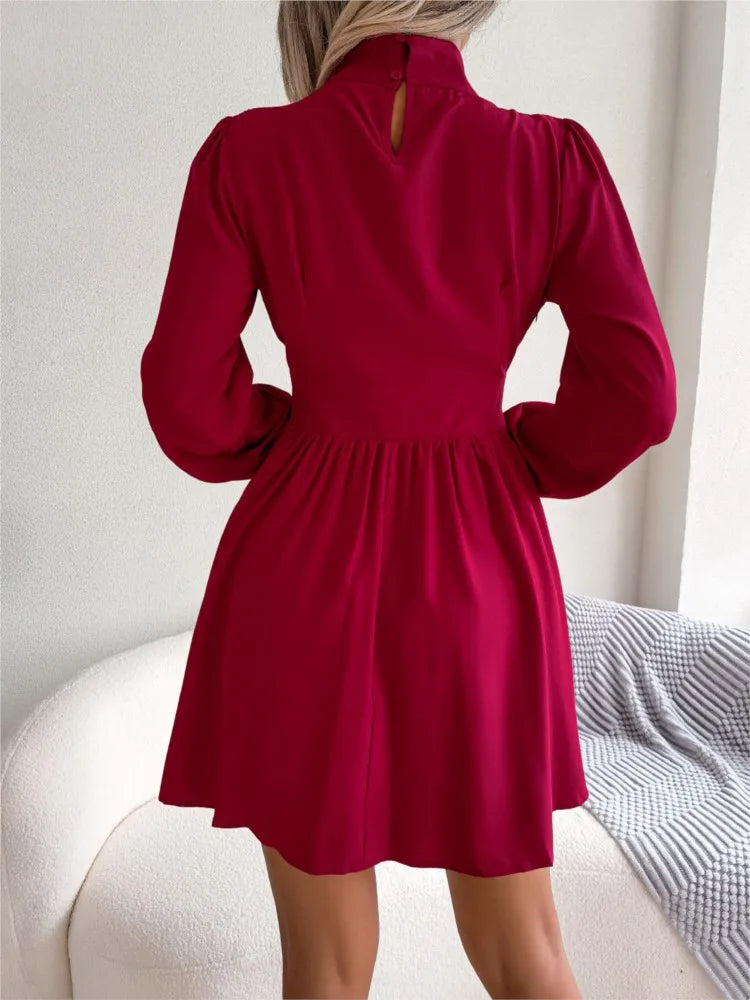 Spring And Autumn Style Long Sleeved Dress Short Skirt Sexy Chest Hollow Half Collar Waist Cinching Big Swing Pullover Red Dress