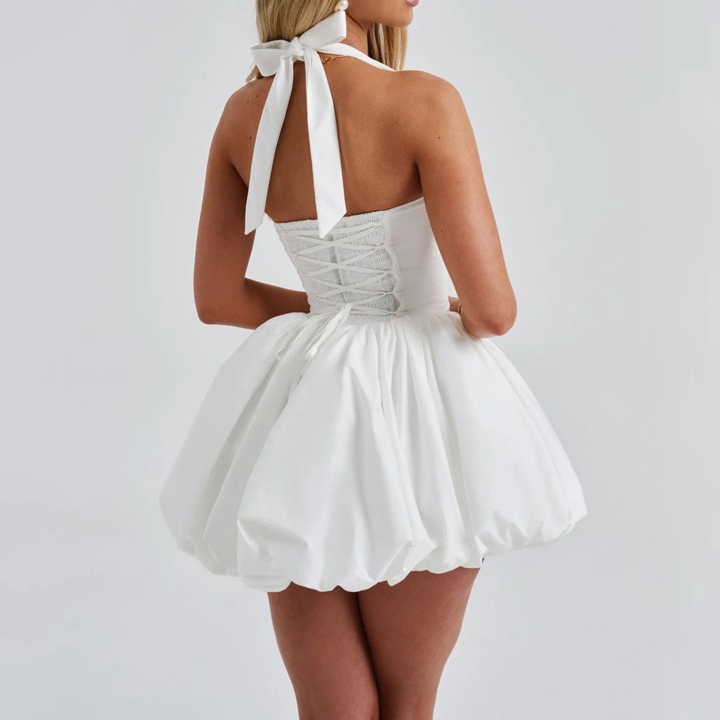 Women Fashion Sexy Cocktail Mini Dress Solid Halter Neck Bubble Dress Kawaii Tie Up A Line Dress Sexy Corset Club Dresses