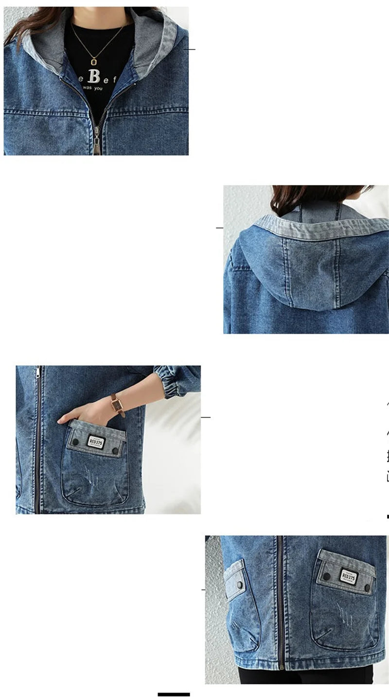 Women Denim Jacket New Spring Autumn Long Sleeve Tops Female Casual Hooded Jeans Jackets Women Big pocket Cowgirl Outerwear