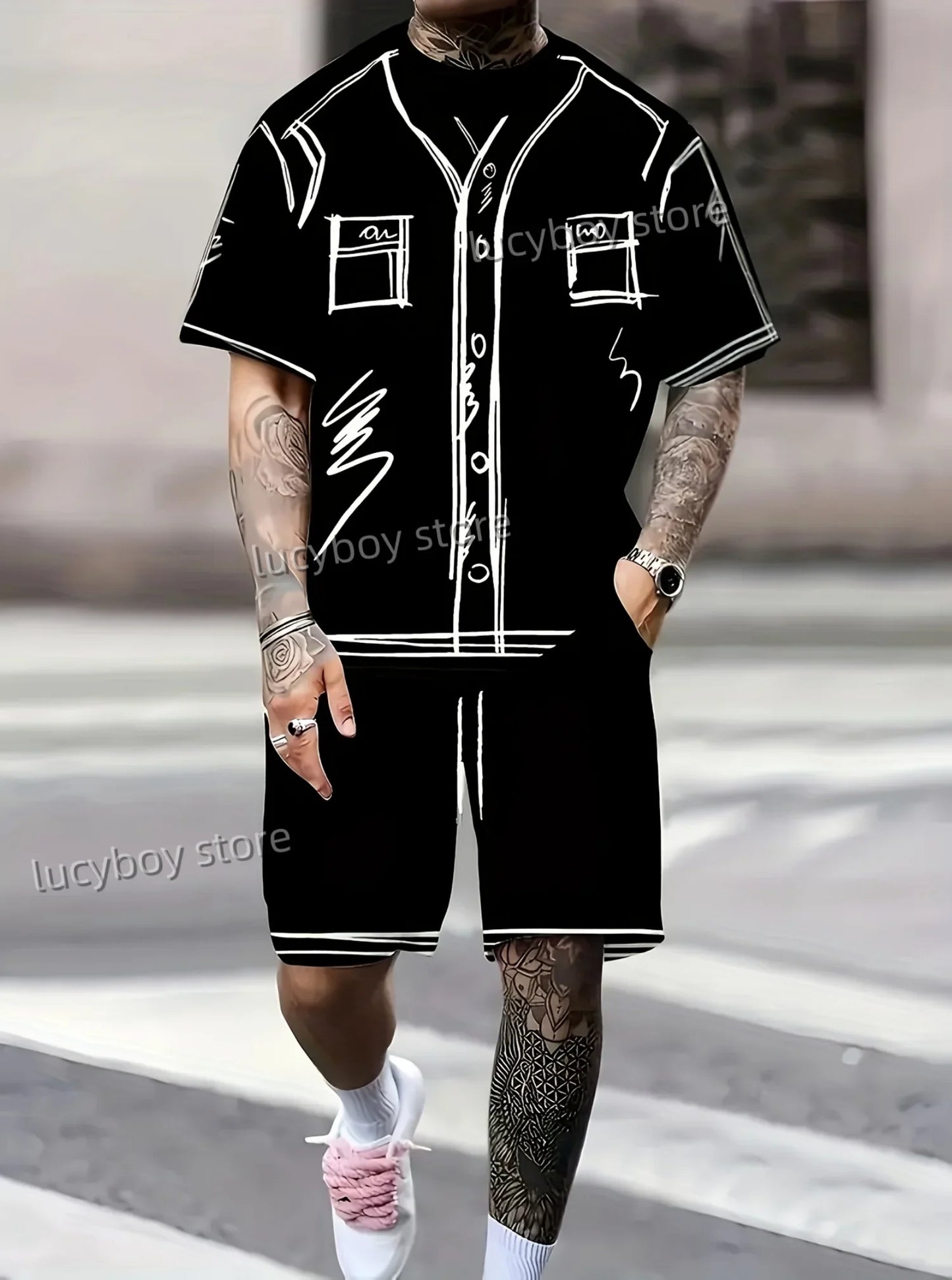 new Men Funny Scribble Sport T-shirt+shorts Suit Set American high luxury Tracksuit Outfit Summer Oversized 2 Piece Set Clothes