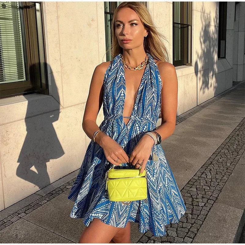 Sexy Halter Neck Beach Dresses For Women Printed Deep V-neck Backless Mini A-line Dress Chic Party Vacation Casual Lady Vestidos