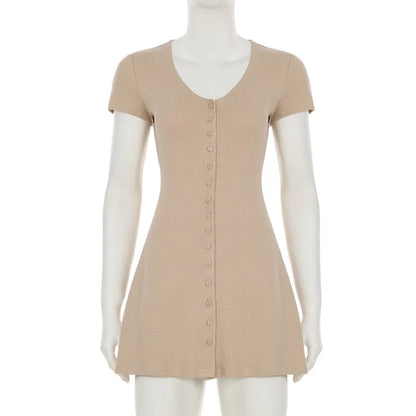 TARUXY 2025 Summer New Knitted Mini Dress Female Elegant V Neck Buttons Short Sleeve Dress High Elasticity Casual Women's Dress