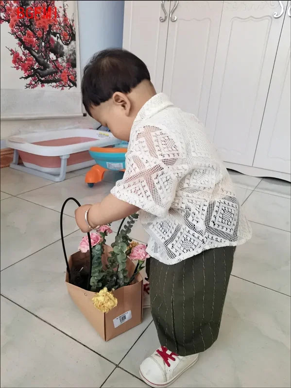 Boys Summer Set 2025 Fashion New Korean Cutout Apricot Shirt and 7-inch Pants for Kids Baby Loose Casual 2pcs Set Birthday Gift