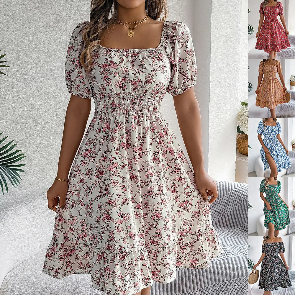 Summer Women's Beach Dress Floral 3D Print Square Neck Short-Sleeved Ladies Waist Ruffled A-Line Dress For Women Holiday Dresses