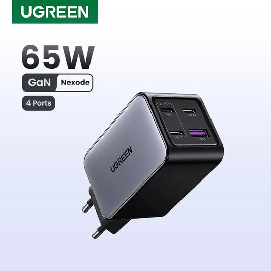 UGREEN 65W GaN зарядний пристрій 4 порти USB C швидка зарядка Quick Charge 3.0 PD 3.0 для Macbook Air, ноутбуків, планшетів, iPhone 16 15 14 Pro Max