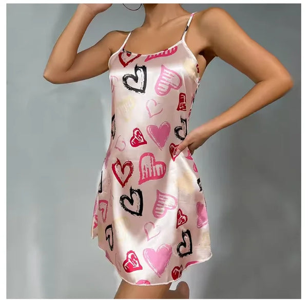 Ladies Sexy Sling Nightgown Nightdress Women's Sexy Lingerie Silk Satin Sleepwear Floral Pinting Nightwear Homewear Mini Dress