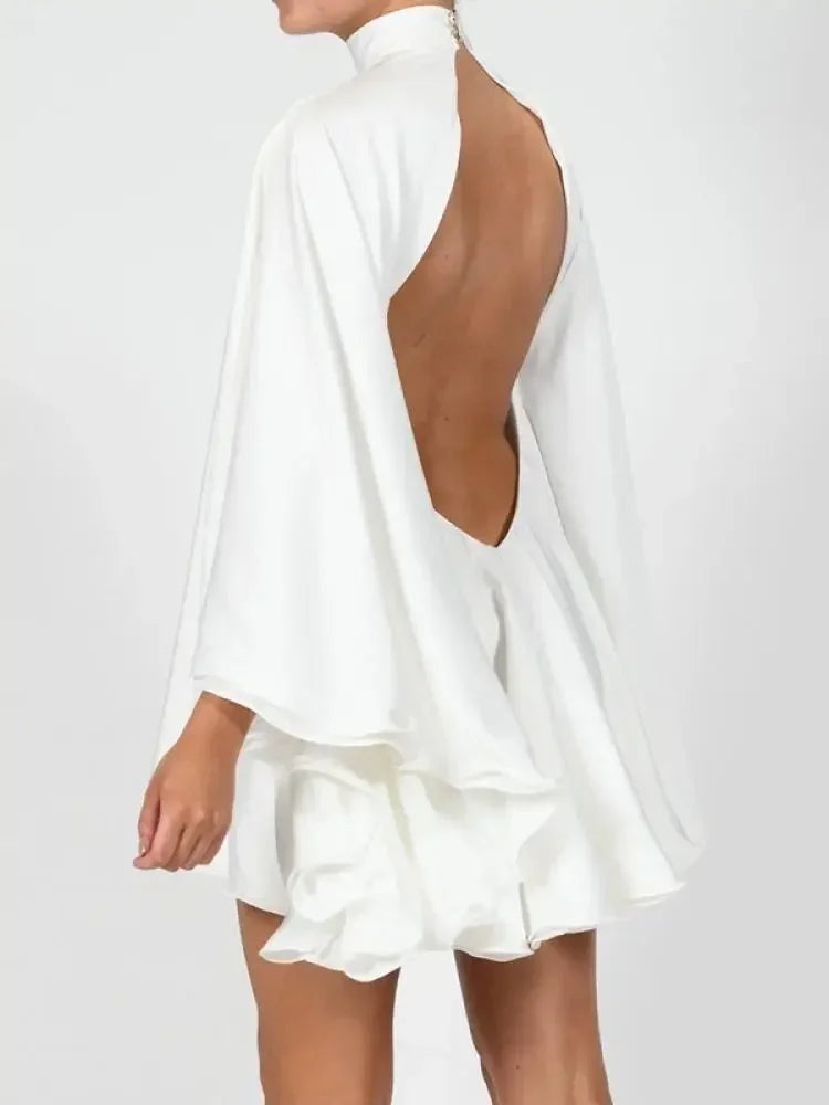 Modigirl Women's White Turtleneck Long Ruffled Sleeves Backless Dress 2025 Summer Spring New Elegant Party Mini Dress Woman