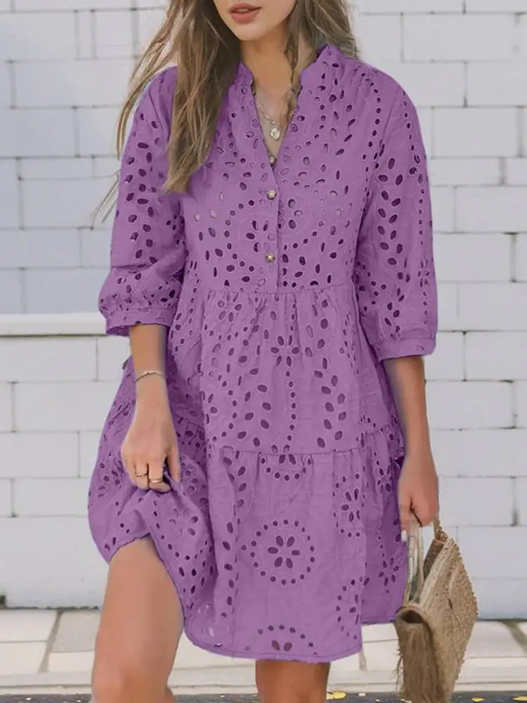 ZANZEA Women Fashion Hollow Out Embroidered Short Dress Holiday Casual Loose 3/4 Sleeve Knee-length Vestidos Lace Patchwork Robe