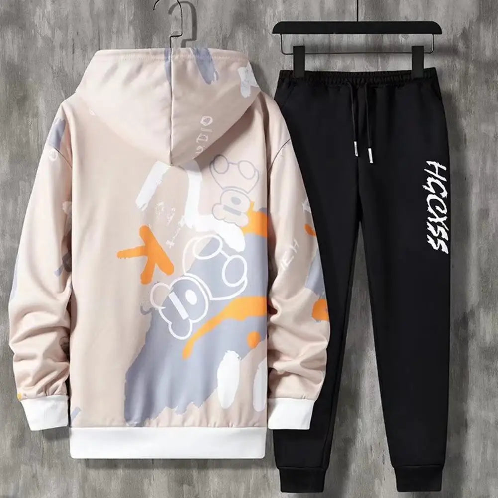 2 Pcs/Set Men Coat Pants Suit Hooded Letter Print Drawstring Loose Jogging Set Hip Hop Ankle-banded Men Sportwear Tracksuit