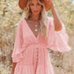 White Lace Tunic Sexy Deep V Neck Button Bikini Cover-ups Women Clothes 2025 Summer Sexy Ruffles Long Sleeves Mini Dress A1132