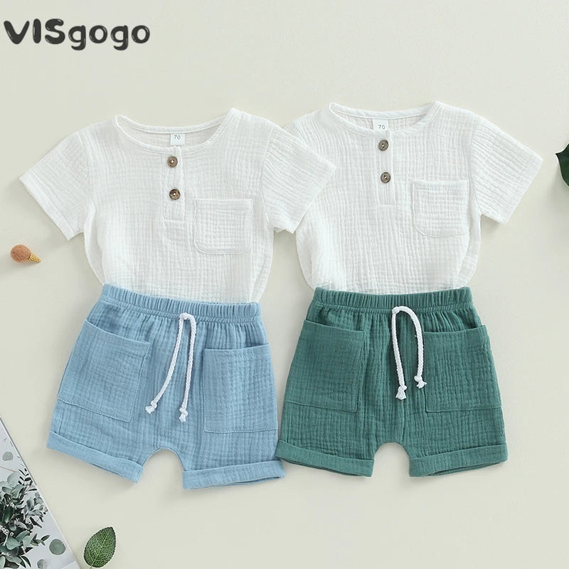 VISgogo 0-3Y Baby Boy одяг набір з короткими рукавами та кишенями, топи та шорти однотонного кольору, набір для малюків, літній одяг, 2 шт.