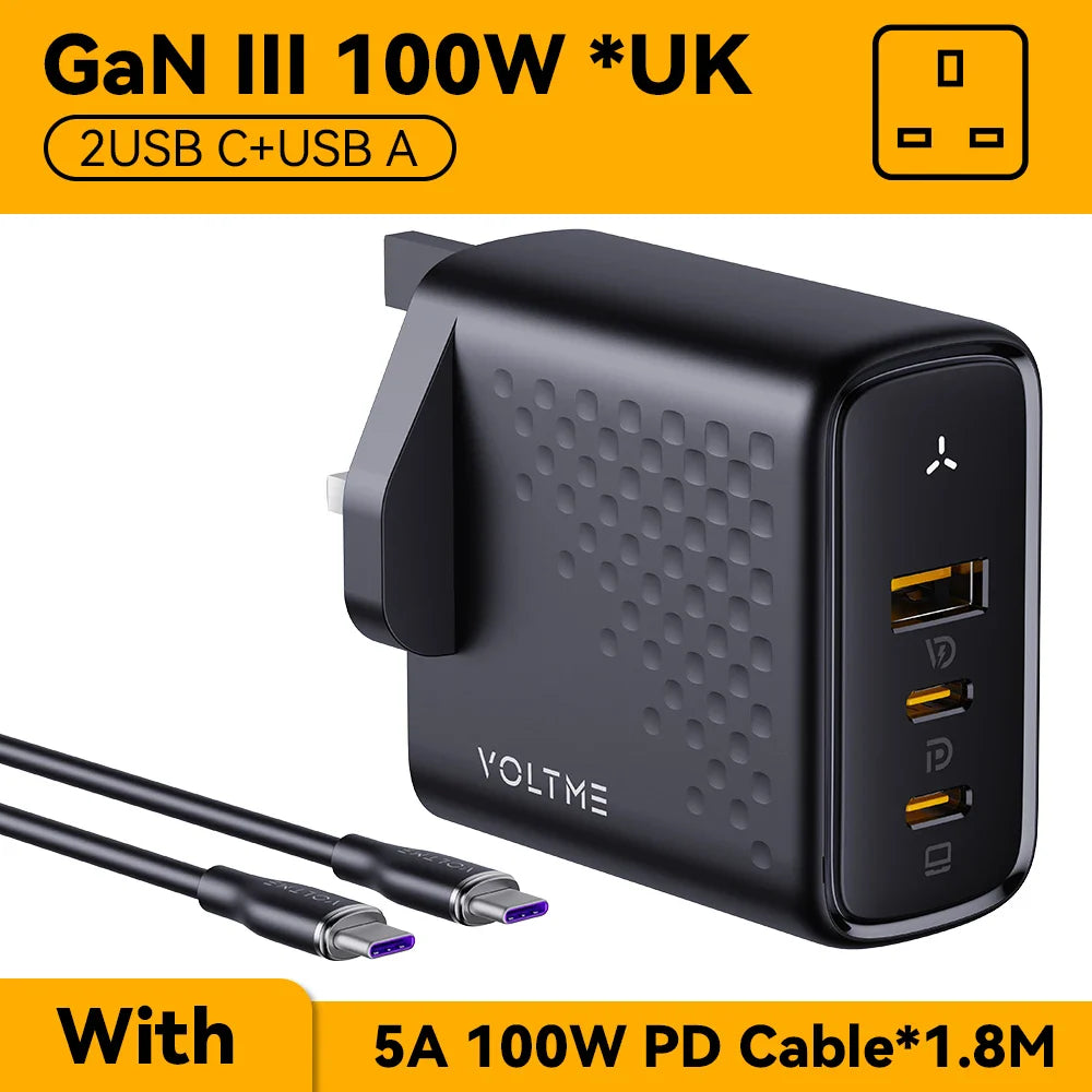 Зарядний пристрій VOLTME 100W GaN для Macbook, планшета, USB Type C, швидка зарядка для iPhone 15 14 13 12, Quick Charge 4.0 3.0