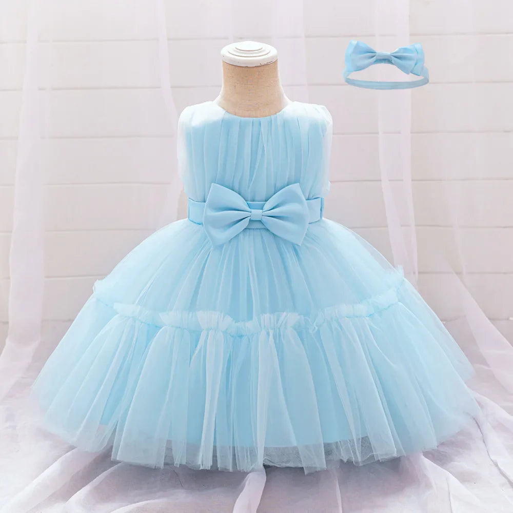 Baby Pleated Girl Princess Dress Outfit Infant White 1st Birthday Baptism Dress Toddler Bow Party Wedding Prom Gown Baby Clothes