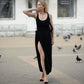 Talenza Mesh Patchwork Slit Mini Dress Women's New Solid Color Vest High Waist Dress Sexy Smocked Sleeveless Slim Mini Dress