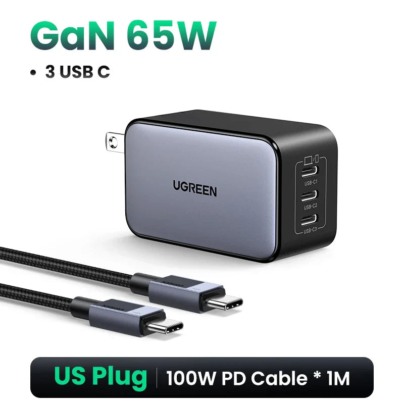 UGREEN 65W GaN зарядний пристрій 4 порти USB C швидка зарядка Quick Charge 3.0 PD 3.0 для Macbook Air, ноутбуків, планшетів, iPhone 16 15 14 Pro Max